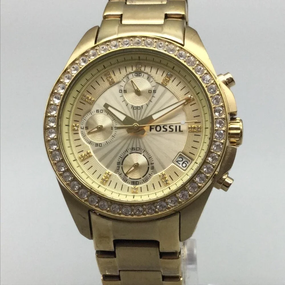 Fossil ES2683 Womens Watch 37mm Chronograph Gold Tone Crystals New Battery 7.25